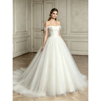 Women Elegant Off Shoulder Tulle Bridal Gown Simple A Line Wedding Dress Floor Length with Sheer Tulle Sleeves for Bride