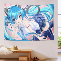 Neko Cat Girl Anime Tapestry, Blue Hair Miku Print Polyester Wall Hanging, Kawaii Otaku Decor for Bedroom & Living Room