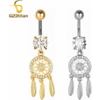 Long Tassel Dream Catcher Belly Button Rings Dangling Zircons G23 Titanium 1.6mm 14G Navel Bar Piercings Unisex Body Accessories