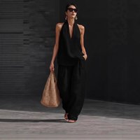 2026 Summer Women Sleeveless Shirt Halter Vest High Waist Pocket Loose Pants Suit Women Casual Two Piece Female Loungewear Ses