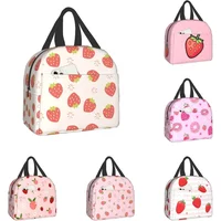 Cute Pink Strawberries Lunch Bag Reusable Lunch Box Work Bento Cooler Reusable Tote Picnic Boxes Insulated Container Bags