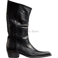 Vintage Leather Chunky Heel Mid Calf Boots Women's Brown/Black Big Size Pointy Toe Western Boot Pull on Designer Soft Shoes