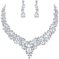Women's Wedding Bridal Austrian Crystal Teardrop Cluster Statement Necklace Dangle Earrings Jewelry Set