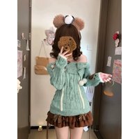 2025 Japanese Sweet Knit Lovely 2 Piece Set Women Off The Shoulder Sweater + Cake Skirt New Fashion Knitting Long-sleeved Outfit