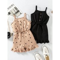 2pcs, 2026 girls' casual summer button up heart-shaped camisole jumpsuit, 2pcs in two colors. Suitable for outdoor travel