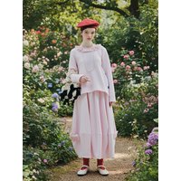 imakokoni 2025 Autumn Japanese-Style Artistic Sakura Pink Elastic-Waist Bowknot Lantern Skirt 255247