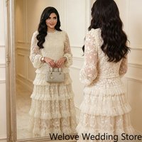 Elegant Evening Gown With High Neckline Long Puff Sleeves Delicate Floral Lace Embroidery, Multi‑Layer Tiered Ruffle Tulle Skirt