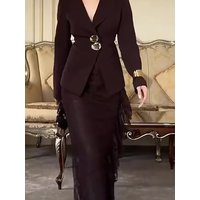 Sexy Embroidery Party Skirt 2Pc Suits Elegant Lapel Collar Blazer Coats & Skirt Outfits Women Fashion Temperament Long Skirt Set