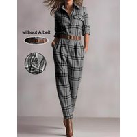 Women's Plaid Print Button Front Long Sleeve Jumpsuit with Pockets - Casual Loose Fit Romper