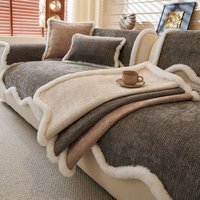 Thick Chenille Wave Striped Sofa Cushion Portable Dirt-Resistant Seat Cushion with Long Furry Edges Cozy Warm Sofa Towel Blanket