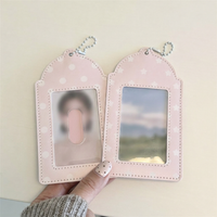 Pink PU Leather Card Holder Polka Dot Star 3 Inch Photocard Case Kpop Idol Card Storage with Chain Kawaii Photocards