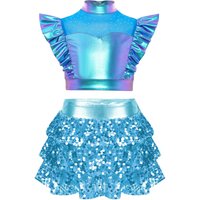 Green Modern Jazz Dance Outfit Costume Shiny Metallic Crop Top with Tiered Skirted School Performance Cheerleading Costumes