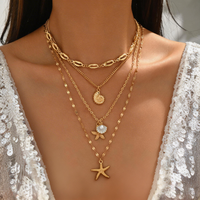 4-piece Layer Ocean Theme Necklace For Women Gold Starfish Shell Conch Pendant Vintage Boho Choker Chain Beach Jewelry Gift