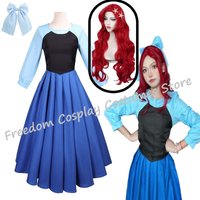 Mermaid Cosplay Ariel Blue Dress wig with Bowknot Headwear for Women Elegant Princess Ball Gown Halloween Carnival Party Costume