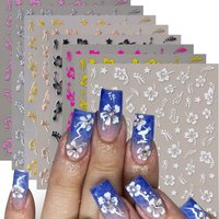 5/8Pcs 3D Hawaiian Flowers Nail Art Stickers Summer Decors with Tropical Leaves Slider Vibrant Pink & White Flowers for Parties*