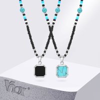 Vnox Boho Necklaces for Women Men, Geometric Square Natural Stone Pendant, Adjustable Blue Beads Chain, Ethnic Tribal Collar