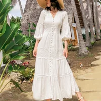 Lantern Sleeve Cotton Rayon Splice Lace Long Dresses For Women Vintage White V neck Autumn Boho Dress Party Holiday Vestidos