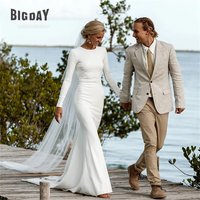 Elegant Mermaid Wedding Dresses Long Sleeve O-Neck Open Back Simple Button Satin Bridal Gown Train Vestidos De Noiva Customized