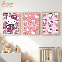 AZNM Hello Kitty Unframed Canvas Wall Art, Cute Pink Sanrio Cartoon Print Poster for Girls Kids Room Nursery Bedroom Home Decor