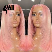 WIF Light Pink Layered Straight Hair Lace Wig Middle Part Pink Layered Haircut Synthetic Lace Front Wigs Heat Fiber Cosplay Use
