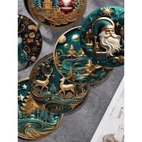 6 pieces/set of Christmas-themed patterned wooden anti-slip coasters, suitable for home offices and theme party decorations