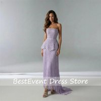 Light Purple Party Dress Strapless Evening Dresses with Fringe Beaded Lace Peplum Prom Gowns Customized