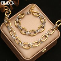 EILIECK 316L Stainless Steel Double Color Oval Necklace Bracelet Set For Women Hip-Hop Punk Twists Neck Chain Jewelry Gift