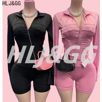 HLJ&GG Casual Sporty Skinny Shorts Two Piece Sets Women Zip Long Sleeve Slim Top + Shorts Outfits Summer New Stretchy Tracksuits