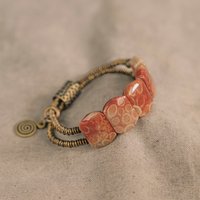 Natrual Coral Stone Two Row Brass Beads Bracelet Red Rock Metal Sedation Jewelry Beaded Male Female Protective Peace Bangle
