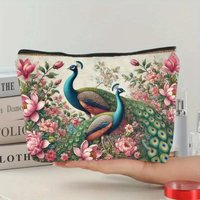 A Peacock and Floral Makeup Bag - Women's Cute Multifunctional Zipper Pouch, Jewelry Storage Bag