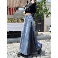 Retro High Waist Color Block Denim Skirt Women's Spring Autumn Long A-Line Skirt Slimming Effect No Polyester Fiber