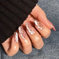 24pcs Pink Cat Eye Fake Nails with Black Dot Printed False Nails Full Cover Wearable Sweet Korean Almond Press On Nails Tips