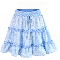 Summer 2024 White Dots Floral Print Pleated Midi Skirt Women Cotton Elastic High Waist Side