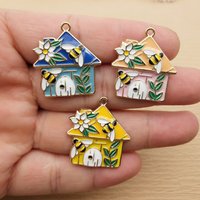 10pcs Bee Flower House Charm for Jewelry Making Enamel Necklace Earring Bracelet Pendant Diy Accessories Alloy Metal Gold Plated