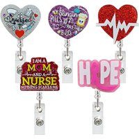 Glitter Heart Acrylic Badge Reel Retractable Name Tag Alligator Clip ID Card Holder for Nurse Office Work Doctor