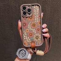Cute Flowers Print Lanyard Strap Rope Phone Case For iPhone 17 16 15 14 13 12 11 Pro Max 16E XS X XR 7 Plus Silicone Soft Cover