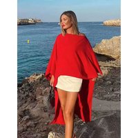 HH 2024 Female Summer Asymmetric Tops Resort Style Short Sleeves Cape Style Wild Round Neck Red Satin Loose Casual Tops