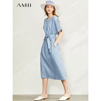AMII Minimalist Women Dress 2024 Summer New Niche Korean Fashion 100% Linen Artistic Elegant O-Neck Dresses Vestidos 12342278