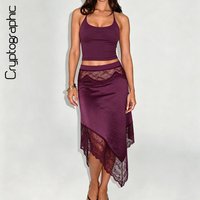 Purple Lace Satin Panelled Elegant Casual 2 Piece Halter Backless Crop Top and Asymmetric Midi Skirt Set Vacation Club Night Out
