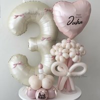 32INCH Cream Number Balloons Pink Bows Number Helium Foil Balloons for Kids 1 2 3 4 5 6 7 8 9 Milestone Birthday Party Globos