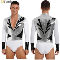Mens Figure Skating Bodysuit Glittery Sequin Metallic Long Sleeve Leotard for Ballroom Ballet Latin Jazz Chacha Rumba Dancewear