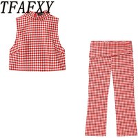 TFAFXY 2026 Summer Checked Printed Women Sets Sleeveless O-Neck Slim Vest Straight Long Pants Fashion Casual Suits Y2K