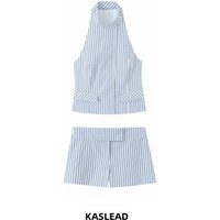 KASLEAD New Women's Fashion Striped Neck Hanging Top Shorts Set Spring 2026 Sleeveless Two-Piece Suit Student Uniform Workwear