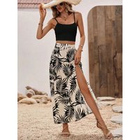 Elegant Ladies Split Long Skirt Leaf Print Half Body Summer Vacation Dress Stylish Asymmetrical Split Design