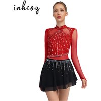 Women Lyrical Dance Dress Long Sleeve Chiffon Skirt Leotard Dress Figure Skating Gymnastics Ballet Dance Performance Costume