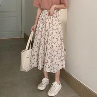Vintage Floral Print A-line Pleated Long Skirts Summer Women 2026 Korean Skirt Streetwear Drawstring Elastic Waist Midi Skirt