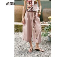 ELFSACK Women's Solid Pleated Wide Leg Cropped Pants, High Waist Button Fly Loose Culotte Trousers for Summer