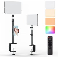 LED Desk Bi-Color Video Light RGB Streaming Key Light with Remote Control Dimmable Studio Light with Phone Holder Desk Stand