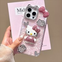 Luxury Diamond Hello Kitty Phone Case For iPhone 11 12 13 14 15 16 17 Pro Max 14 15 16 Plus Shockproof INS Style Girl Back Cover