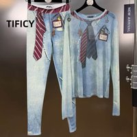 High Street Legging Two Piece Set Women's Spring New Tie Print Denim Style Mesh Top Paired with Leggings Set